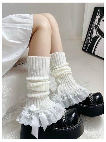 Milumia Women's Y2k Knitted Leg Warmers Lace Trim Bow Ribbed Knit Cute Long Boot Socks2