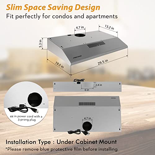 Firegas Under Cabinet Range Hood 30 Inch With Ducted/Ductless Convertible,Kitchen Hoods Over Stove Vent, Led Light, 3 Speed Exhaust Fan, Reusable Aluminum Filters, Push Button,With Charcoal Filter #TOP1
