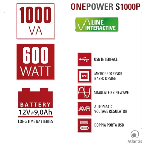 Onduleur Line Interactive 1000VA Atlantis A03 avec double port USB de charge frontal