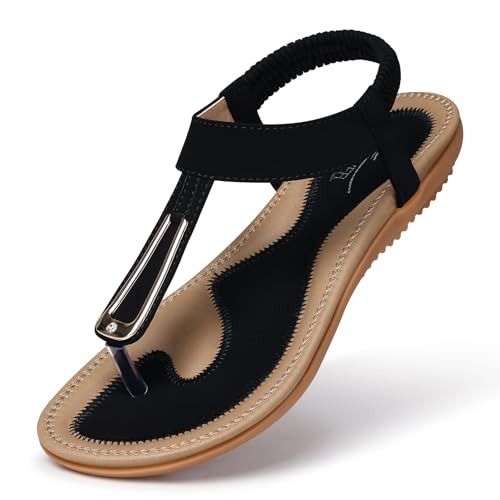 Image of SHIBEVER Womens Sandals Summer Flat: Dressy Casual T-Strap Flip Flop Thong Flats Sandals - Comfortable Walking