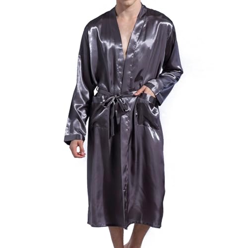 Men's Long Sleeve Robe Satin Bathrobe Soft Lightweight Summer Luxury Belt Pocket Mid-length Halloween4