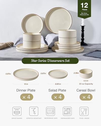 Image of Famiware Stoneware Dinnerware Set for 4, Ribbed Plates & Bowls with Trim | Cream, 12-piece dishes with lipped edges, chip & scratch resistant ceramics, microwave & dishwasher safe, everyday formal use