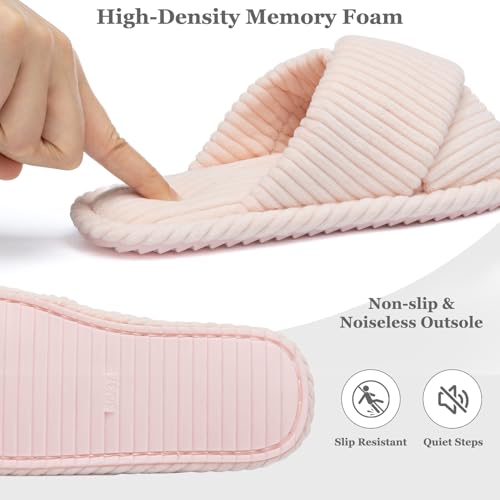 Image of GOEWY Slippers for Women Memory Foam House Bedroom Corduroy Crossbands Open Toe Slides Sandals Shoes Comfy Trendy Gift for womens Anti-Skid sole