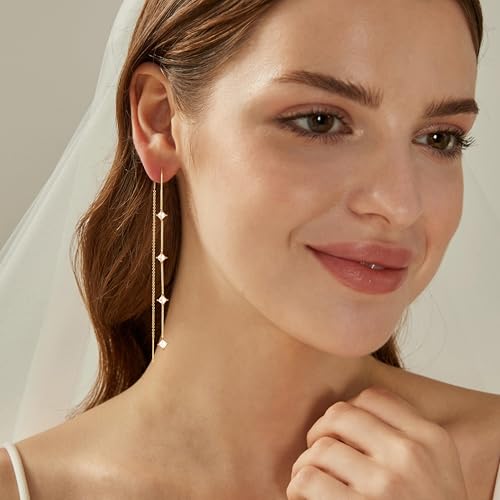 Dangle Threader Earrings for Women: Dainty 14k Gold Plated Drop Long Chain Earrings Trendy Hypoallergenic Non Tarnish Elegant Cubic Zirconia Earring for Womens Fashion Jewelry for Wedding Prom4