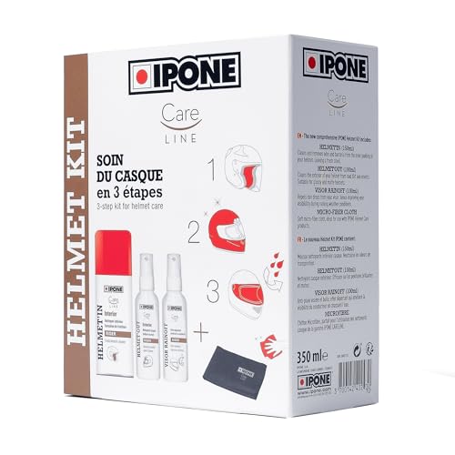 IPONE - Pack Entretien Complet du Casque Moto - Helmet Kit - Nettoyant Extérieur/Intérieur - Anti-Pluie, Déperlant - Lingette Microfibre - Format Pratique...