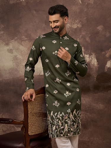 Image of Men's Calf Length Silk Blend Embroidered Solid Kurtas | Men | Kurtas for Mens | Straight Fit Kurta for Men's