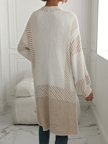 chouyatou Women's Color Block Striped Fuzzy Long Cardigan Sweaters Open Front Diagonal Stripe Knit Cardigan Jacket Coat3