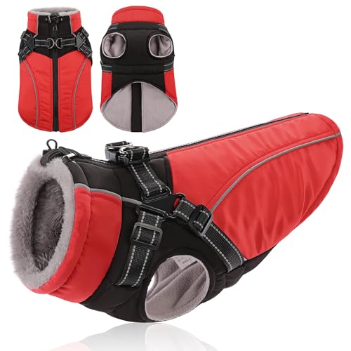 KONVINIT Warme Hundejacke Wasserdicht Hundemantel für Kleine und Mittelgroße Grosse Hunde Winter Hundemantel mit Geschirr Hund Wintermantel mit Reflexstreifen und Bauchschutz,Size L
