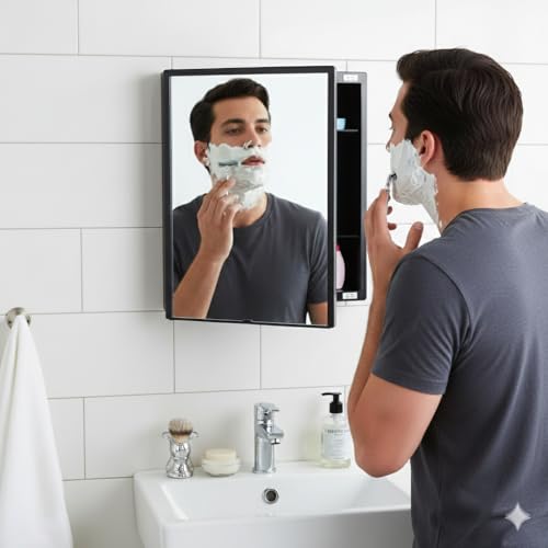 Image of BRANCO New Rich Look Bathroom Cabinet with Mirror | Storage Organiser | Strong Plastic Bathroom Shelves Wall Mounted | Bathroom Accessories| Mirror Cabinet- (Black)