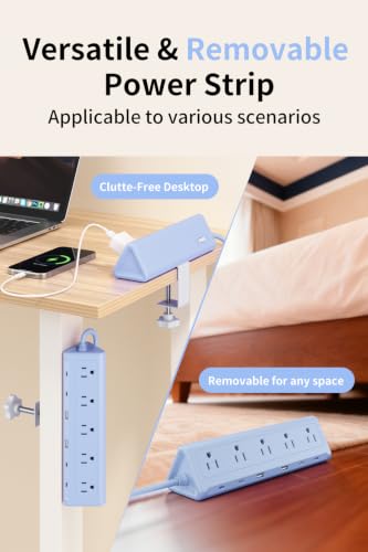 Image of 6.5 FT Desk Clamp Power Strip with 5 AC Outlets & 6 USB Ports PD 40W USB-C Fast Charging, Extension Cord with Multiple Outlets, Fits 2.1 in top Edge Blue