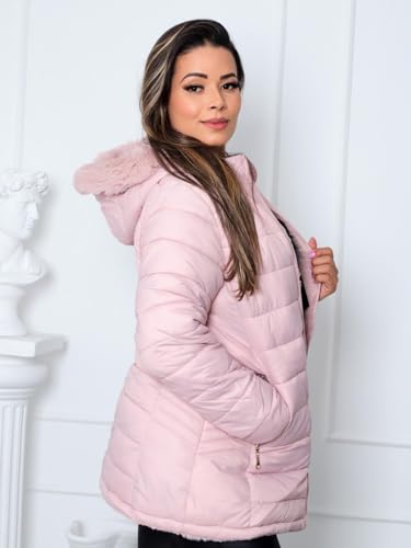 Jaqueta ParKa Feminina Dupla Face Nylon/Peluciada Rosa (BR, Alfa, M, Regular, Regular, Rosa Claro)