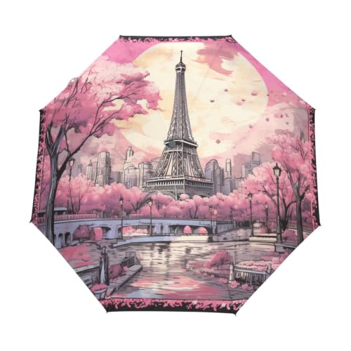 Parapluie pliant automatique Tour Eiffel rose pour fille, protection UV et voyage enfant
