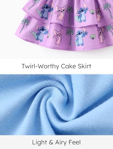 Image of Disney Lilo & Stitch Toddler Girl Dress: 2PCS Skirt Set Summer T-shirt Dress Short Sleeves Tie Knot Top and Tiered Ruffle Skirts Outfit Blue 6-7 Years