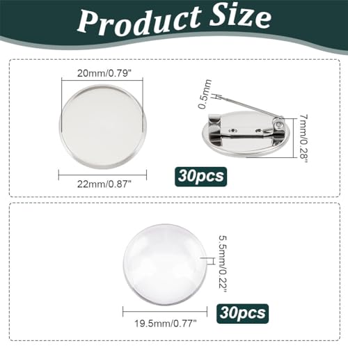 UNICRAFTALE 30 Sets 20mm Flat Round Stainless Steel Brooch Tray Base Blank Cabochon Brooches Making Kit Clear Glass Cabochons Brooch Clasps Pin Disk Base Christmas Day for Jewellery Making Kits - Image 3
