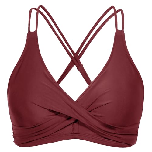JFAN Top de Bikini Mujeres Parte Superior de Bikini Push Up Cruzada con Lazo Bikini Top Wrap Classics Burdeos M