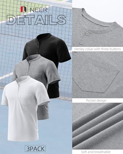 Neer 3 Pack Men's Big and Tall Henley T-Shirts, Short Sleeve Cotton Pocket Oversized Tops Casual Summer Soft Loose Basic Tees4