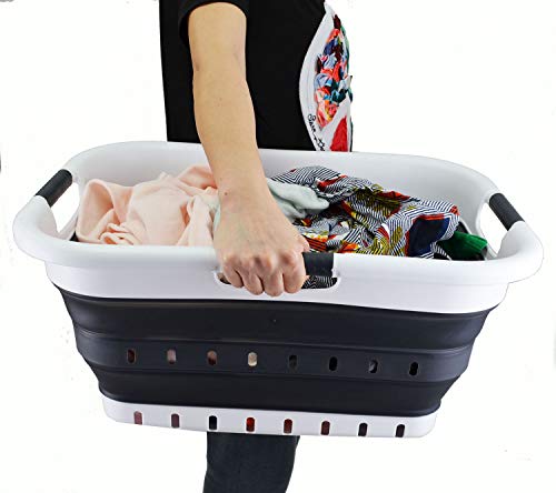 Image of SAMMART 41L (10.8 gallon) Set of 2 Collapsible 3 Handled Plastic Laundry Basket-Foldable Pop Up Storage Container /Organizer-Space Saving Hamper /Basket (2, Black)