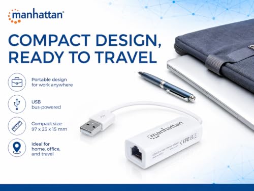 Image of Manhattan USB to Ethernet Adapter - 10 / 100 Mbps Fast Ethernet LAN Network - Support Windows 10 /8.1 /8 /7 /Vista /XP for Desktop Laptop Apple MacBook Linux - 3 Year Warranty - 506731 | USB 2.0 to RJ45 LAN dongle with plug-and-play setup, hot-swap use, PXE boot and auto-speed detection for PC use