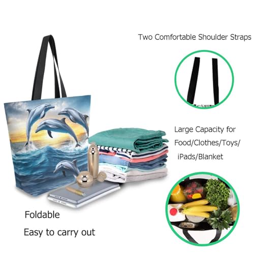 Painting Dolphins Jumping Out Of Ocean Extra Large Canvas Gym Shoulder Tote,Durable Daily Reusable Top Handle Bag for Mens Womens Yoga Weekender Picnic Beach Travel Market Shopping2