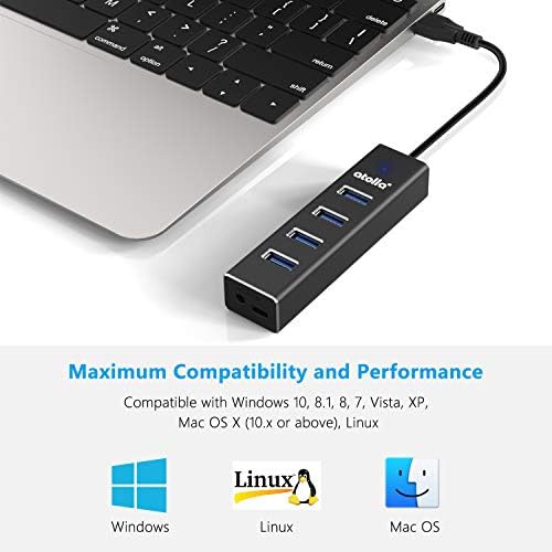 USB Hub, Atolla USB 3.0 Hub 4 Port Extender [Aluminum Shell] Slim Fast USB Splitter Supported for Laptop USB Extension Multi Port for Surface Pro/XPS/PS4, USB Wifi Adapter, Flash Drive, Mouse