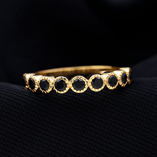 Round Real Black Onyx Half Eternity Milgrain Band Ring In Bezel Set | Aaa Quality, 14K Yellow Gold, Size:us 6.00 #TOP1