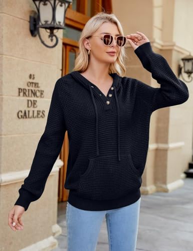 Image of CiCiBird Women's Fall Hoodies Sweater V Neck Waffle Knit Top with Pocket | Loose Fit, V Neck Button, Adjustable Drawstring, Long Sleeve, Kangaroo Pocket, Weekend Errands, Daily Wear, Work Casual
