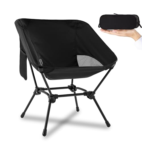 DwelSpire Backpacking Chair, Black Short Back Lightweight Foldable Camp Chair, Portable Fully Cushioned Seat with Side Pocket, 330lbs Support for Hiking & Beach