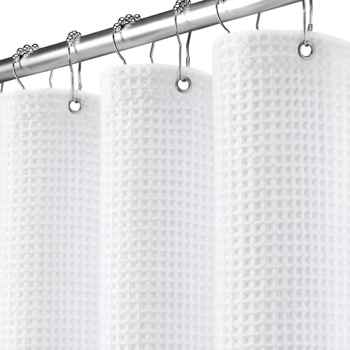 White Waffle Weave Shower Curtain - Cotton Fabric Texture Heavywe...
