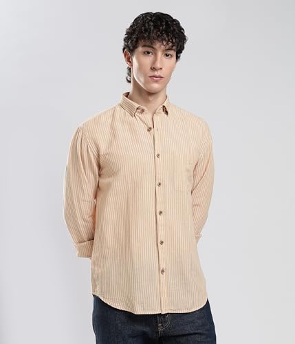 Image of TURMS Men's Casual Striped Linen Shirt | Water Repellent | Anti Stain Anti Odor | Kansas Linen | Concealed Button Down Collar | Full Sleeves