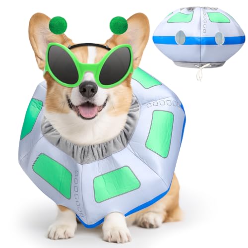 Bulyoou 3 Pcs Halloween UFO Alien Dog Costume Set Fun Spaceship Costume Alien Headband and Green Glasses for Halloween Puppy Cosplay Party Outfits Supplies