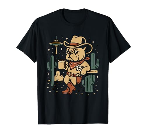 French Bulldog Cowboy mit UFO Lustiges Western Design T-Shirt