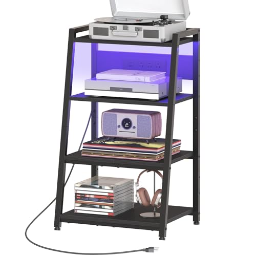 HOOBRO 4-Tier AV Media Stand with Charging Station and LED Light Wooden Stereo Cabinet Game Console Stand Media Audio Tower Rack Record Player Small Entertainment Center Black BB106UDCJ01