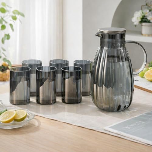 Image of Wringo Premium 7pc Crystal Water Jug with Glass Set and Jug Set Combo,Freezer Safe and Dishwasher Safe (6 Pieces Glasses 200ML and 1 Water Juice Jug 1.8 Liter), Transparent, Glass and Jug Set (WS-23)