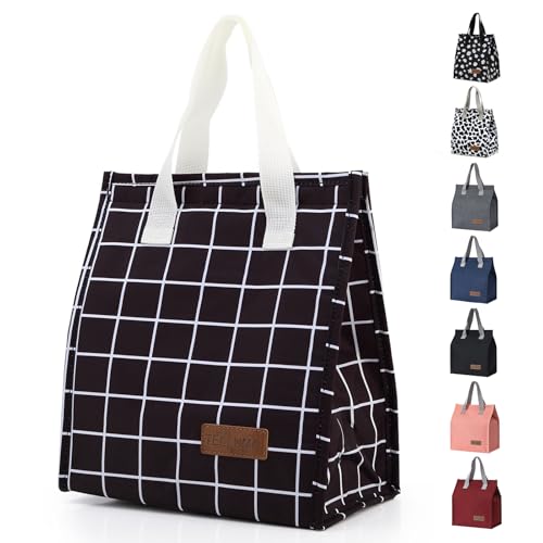 TELLUMO Lunch bag, Insulated Lunch Bag for Women Men Large Lunch Box Container Reusable Leakproof Tote for Office, Work, School, Beach or Travel (Black Grid)