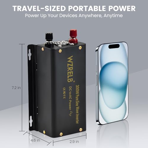 Image of WZRELB 300W Pure Sine Wave Inverter 600W Peak DC 12V to 110V AC Power Converter Off Grid LED Display with Remote Controller
