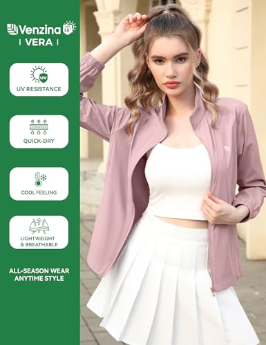 Image of Venzina Women's UPF 50+ Lightweight Athletic Jacket UV Sun Protection Full Zip Cooling Hoodie Long Sleeve Sunscreen Protective Clothing for Women for Outdoor Hiking, S-XL