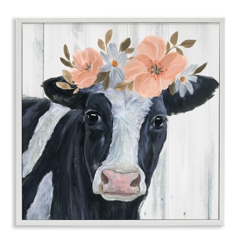Pink Blossoms Cow Portrait Farmhouse, 17 x 17 Inch Framed Giclée Print