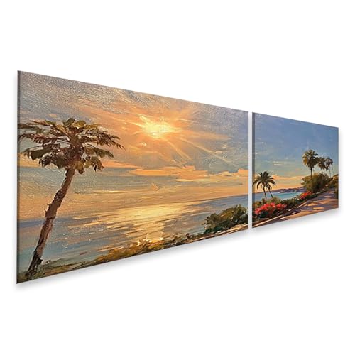 islandburner Cuadro sobre lienzo brillante del atardecer mediterráneo mural sala de estar para aficionados a los viajes – 2 piezas