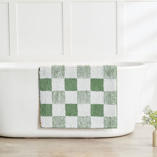 CozeCube Sage Green Checkered Bath Mat 36"x24" Non Slip Washable Rug