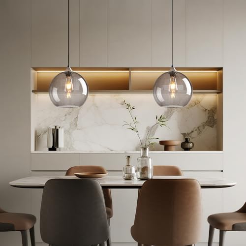Image of Light Grey Glass Pendant Lights Kitchen Island Globe Pendant Light Fixtures Modern Pendant Lighting for Bedroom Living Dining Room Light Fixture (9.84 in, 1 Pack)