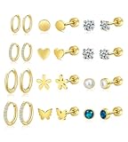 LIHADA Surgical Steel Small Huggie Hoop Screw Flat Back CZ Pearl Opal Stud Hypoallergenic 14K Gold Plated Earrings Sets for Women Multiple Piercing Lightweight Waterproof and Non Tarnish