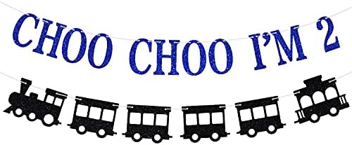 Sarahship Train Birthday Im 2 Banner Happy 2nd Birthday Bunting Backdrops Kids 2nd Birthday AnniversaryCheers to 2 Years Party SuppliesBlue and Black