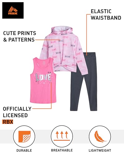 Image of RBX Girls Pants Set - 3 Piece Active Fleece Tank Top Pullover Girls Hoodies and Kids Leggings Athletic Set (7-14)
