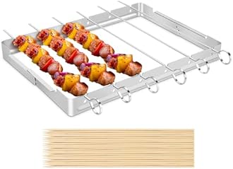 Unicook Stainless Steel BBQ Shish Kabob Set, Foldable Shish Kabob Holder with 6pcs 13"L Skewers, Reusable Grill Rack, Comes with 30pcs 12.5"L Bamboo Skewers for Party and Cookout