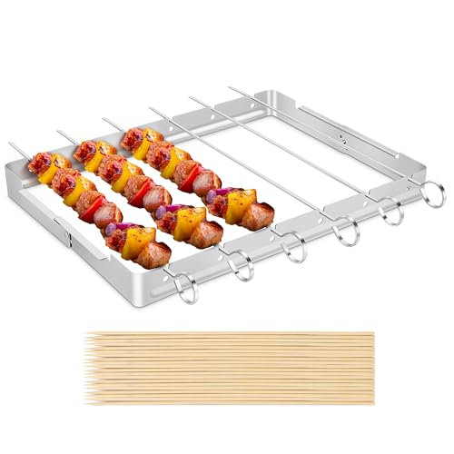Unicook Stainless Steel BBQ Shish Kabob Set, Foldable Shish Kabob Holder with 6pcs 13"L Skewers, Reusable Grill Rack, Comes with 30pcs 12.5"L Bamboo Skewers for Party and Cookout