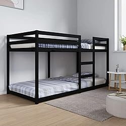 Gecheer Cama Litera de Madera,Escalera Barandillas Protección Juvenil Niños,Estructura de Cama Marco de Cama con Somieres para Dormitorio sin Colchón,Madera Maciza de Pino 90x200 cm Negra