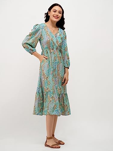 Image of AASK Abstract Printed Puff Sleeve Gathered Detailed Fit Flare Dress