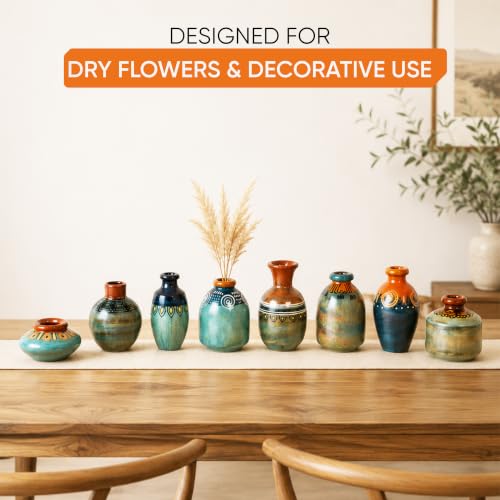 Image of Aakriti Art Creations Myriad Hues Terracotta Miniature Decor Vases Set of 8 | Multicolor Modern Art Flower Vases | Matte Finish Decorative Vases for Living Room, Table Decor & Gifting