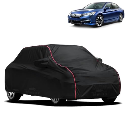 Image of Waterproof Car Cover for Honda Accord | All-Weather Protection, Dustproof & UV Resistant | Triple Stitched Mirror Pockets, Windproof Buckle Strap with Elastic Hem, Black-Red Piping