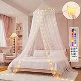 Obrecis Bed Canopy with LED Star Lights, Princess Canopy Bed Curtain with 18 Colors Changing String Lights Remote Timer for Girls Bedroom, Pink Red Blue White Dome Canopy for Twin to King Size Bed
